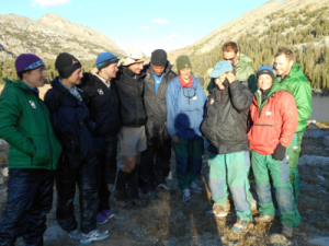 NASA astronaut candidates chat with Reid Wiseman via satellite phone during their NOLS expedition in September 2014.