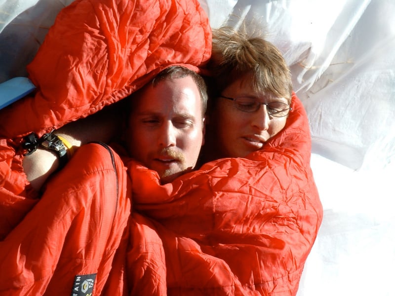 Tow men in a sleeping bag for warmth