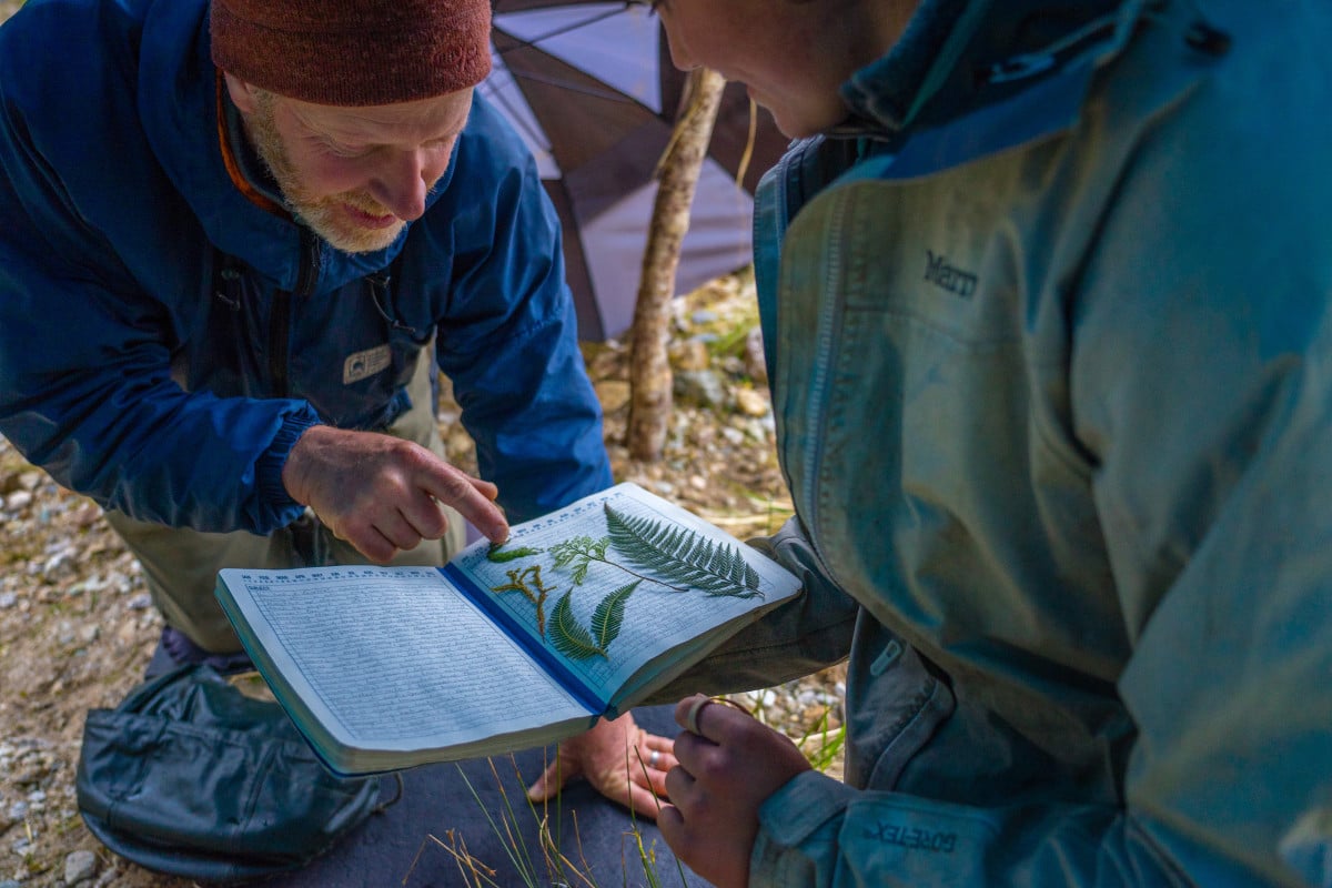 Instructor looks at leaves a student pressed in the pages of her journal