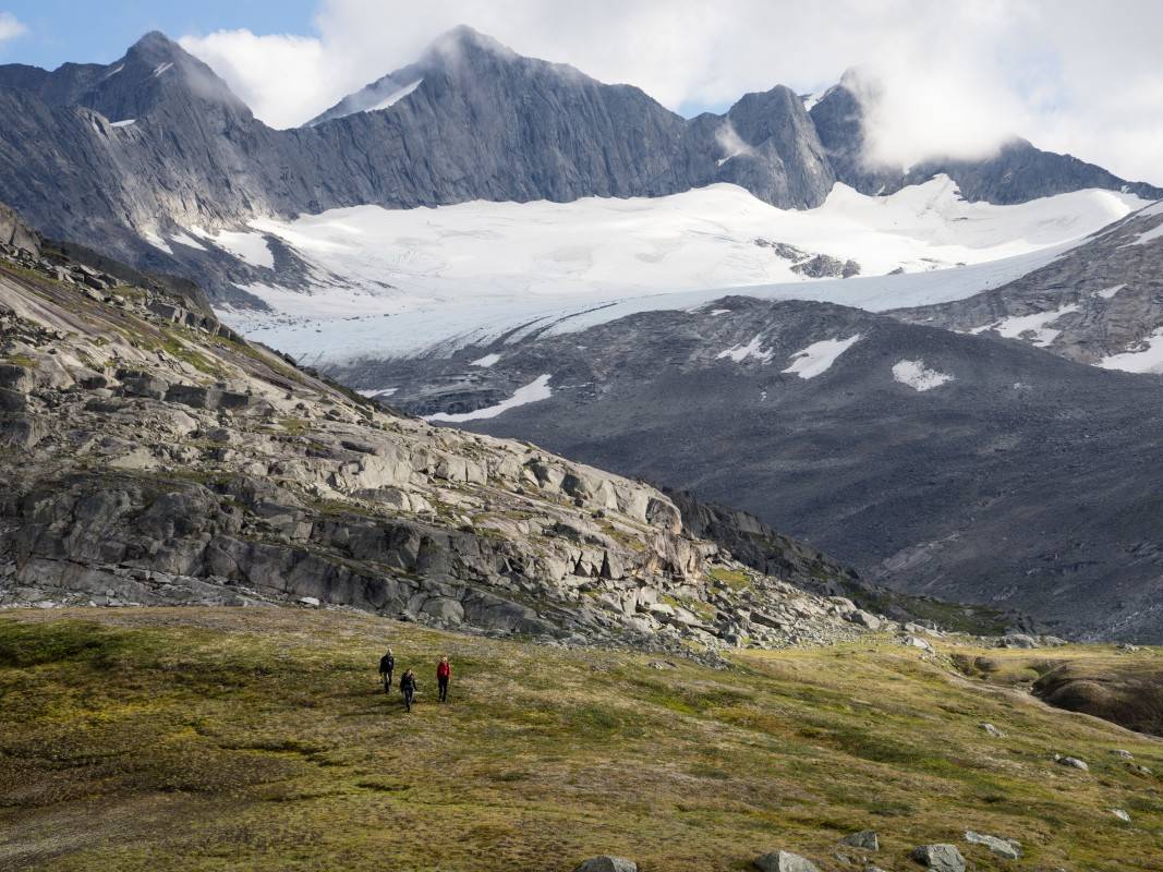 Hikers in a stunning mountain landscape