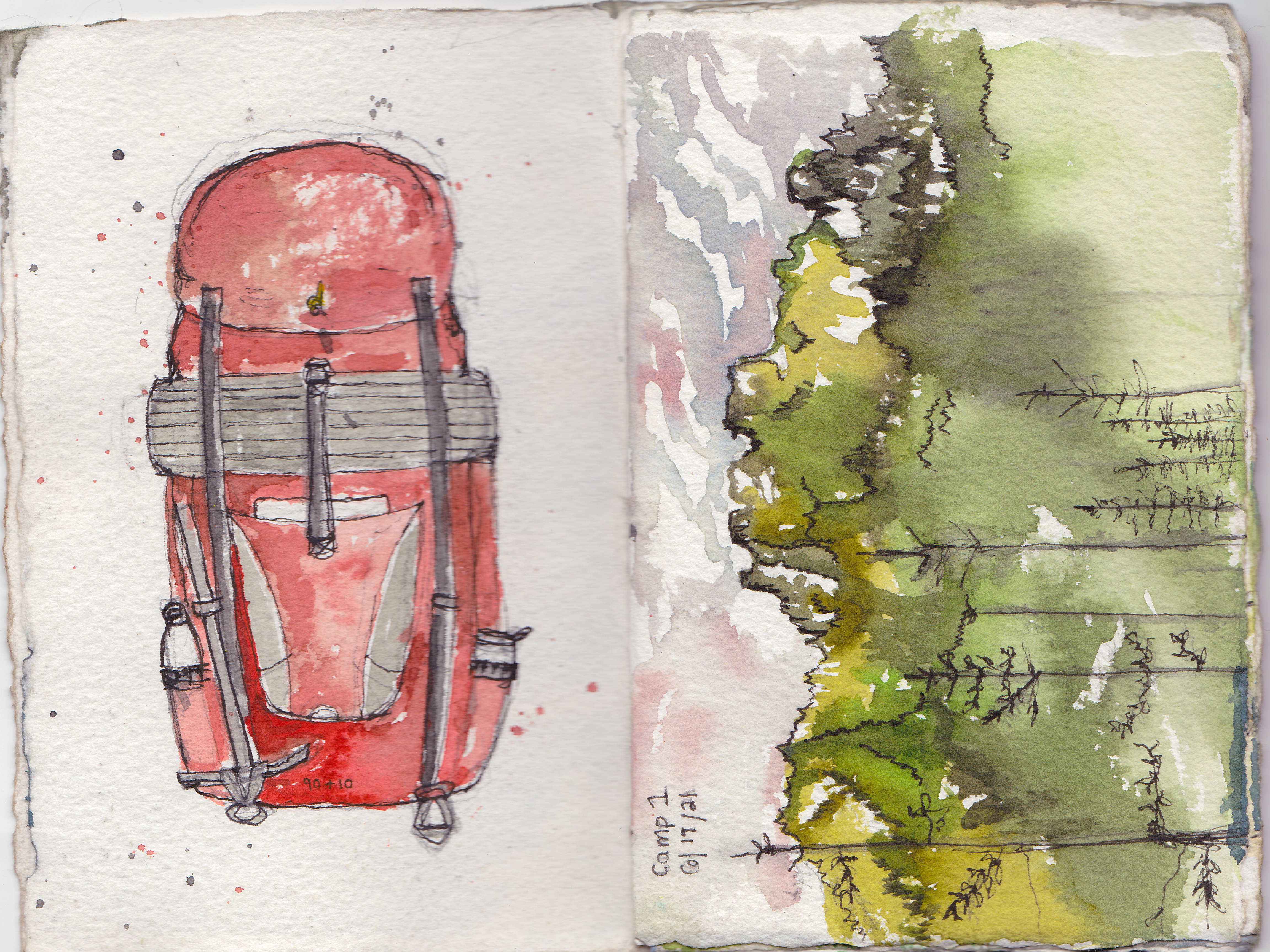Watercolor painting of a red backpack and a scene of green trees in a mountain setting
