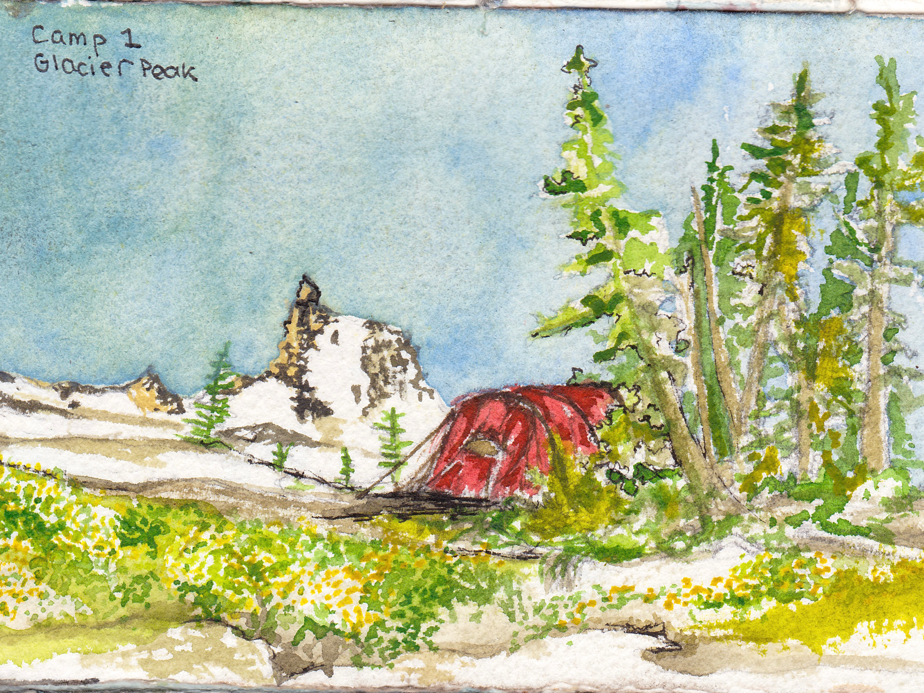 Watercolor painting of Camp 1 with Glacier Peak in the background. A red tent is visible in the foreground with some trees.