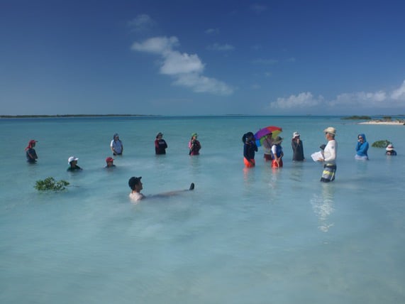 A group of NOLS alumni gathered together lounging in the water as they listen to an instructor