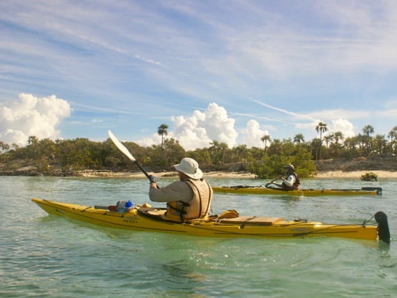 Two kayakers paddle along the shore with white clouds billowing over the shore