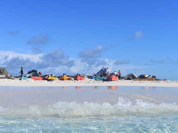 Several NOLS alumni setting up camp on the beach with kayaks at the edge of the surf