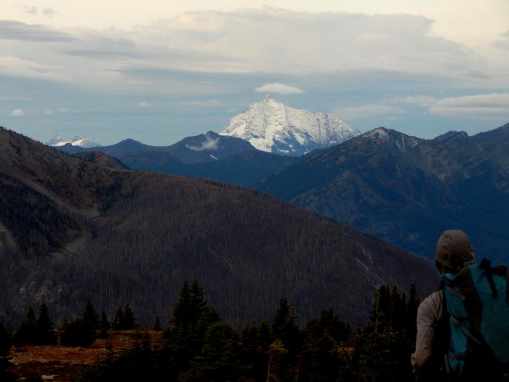NOLS student looks out at forested mountains and snow-capped peaks in the Pacific Northwest