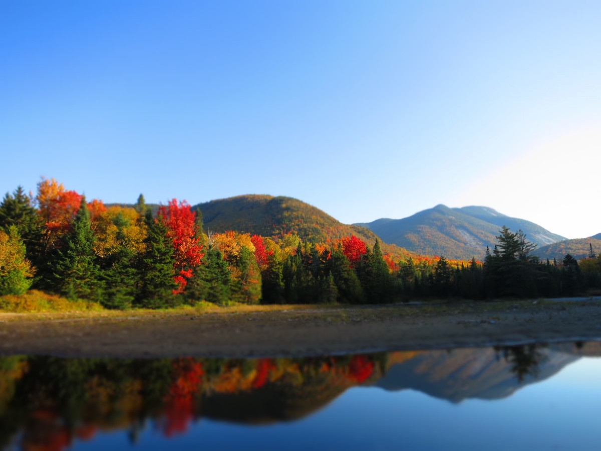 fall foliage reflecting in a calm, glassy lake in the Adirondacks