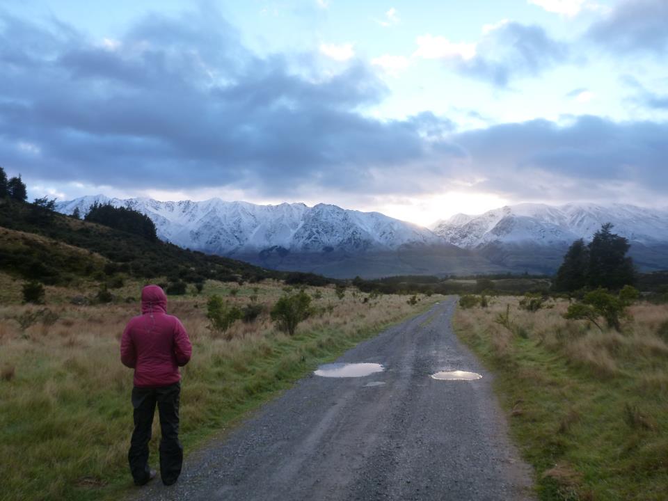 Person looks down a dirt road at a mountain scene