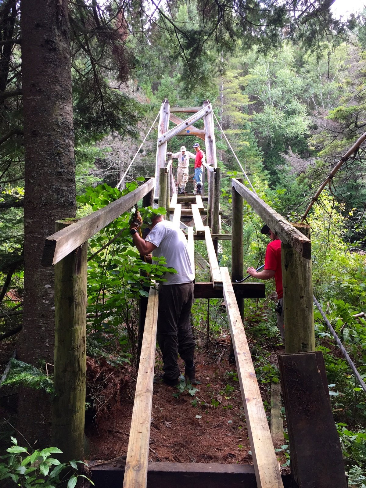 NOLS alumni work together to build a bridge in the Adirondacks