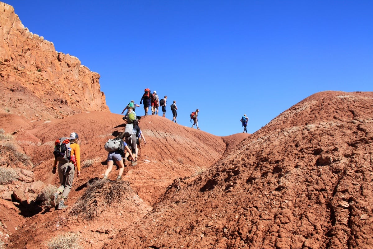 A line of hikers in the desert