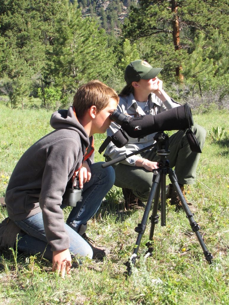 two birders squat in the grass, one looking through a telescope on a tripod