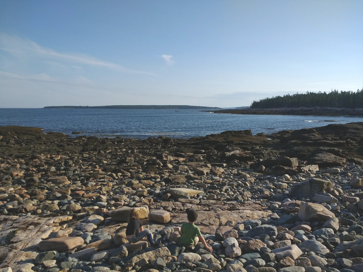 Two children play on a rocky shoreline