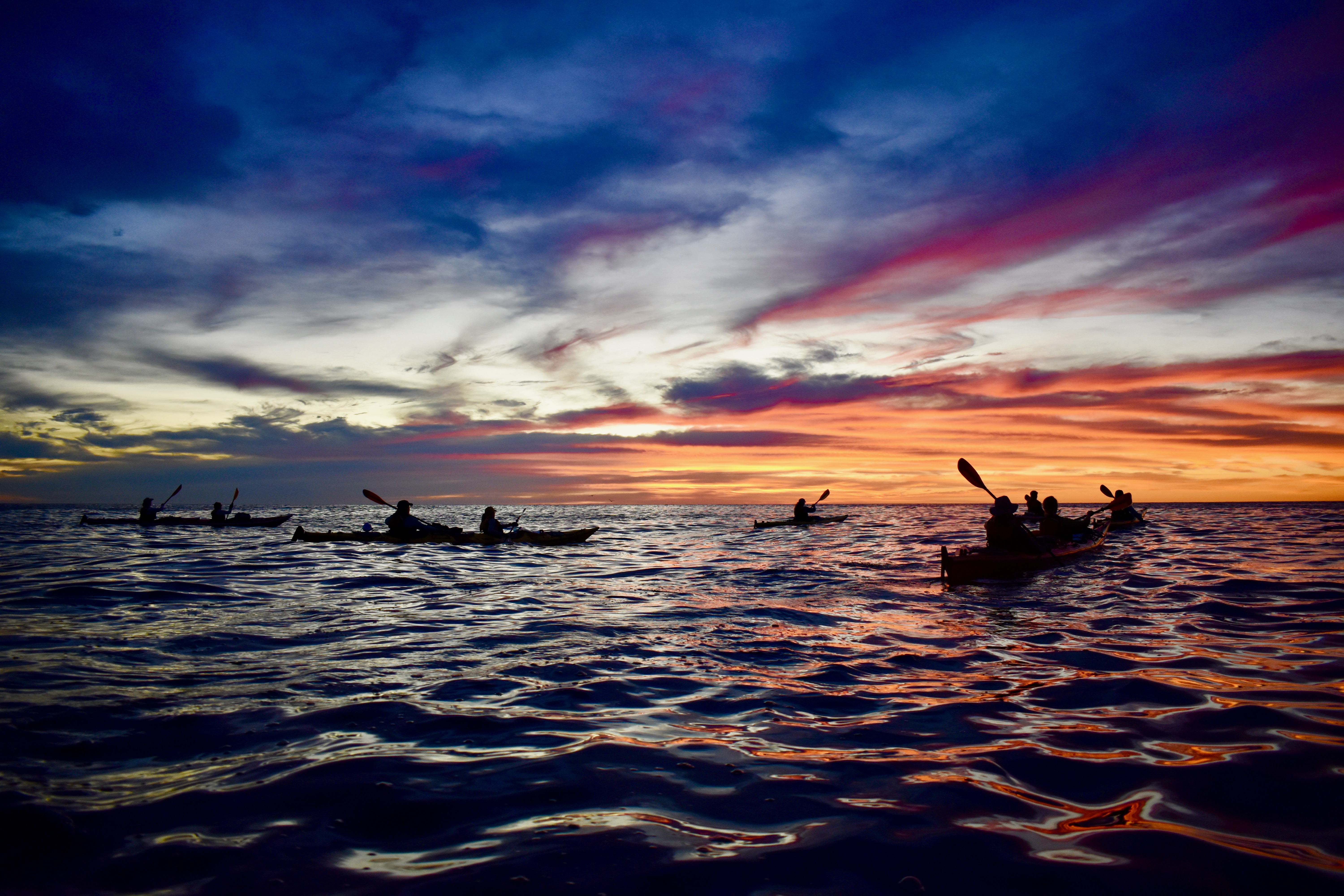 Students sea kayaking in Mexico at sunset