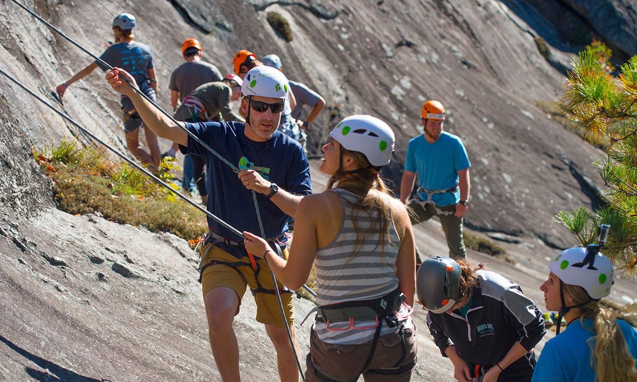 college students learn rock climbing in an Intro to Outdoor Pursuits class