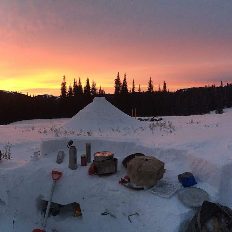 A snow kitchen at a winter campsite