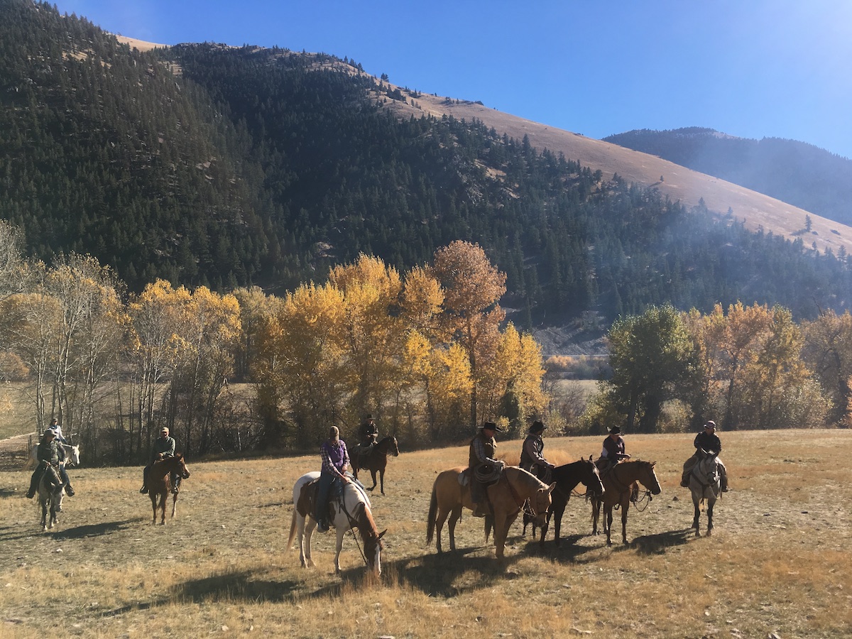 eight people on horseback in a grassy meadow with aspens and a large hill covered in pines behind