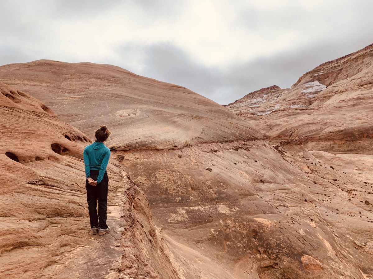 Person looking into winding redrock canyon landscape