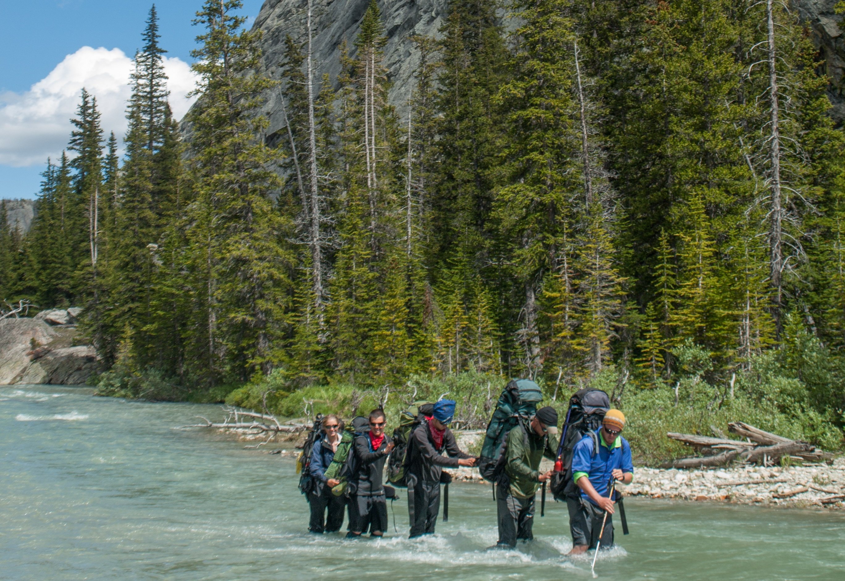 Five people wearing backpacks cross a river with pine trees on the riverbank