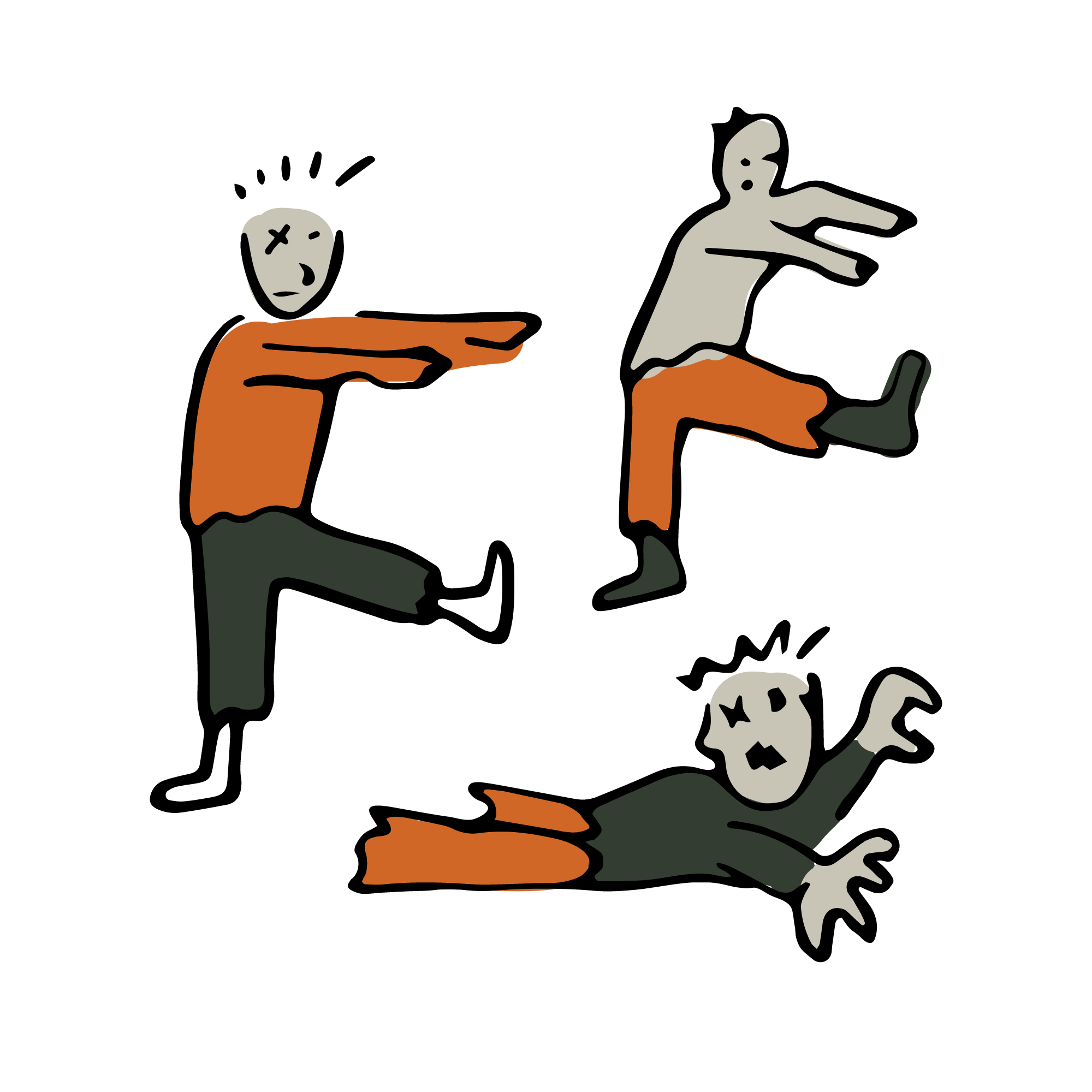 A group of three illustrated zombies. Two walk with their arms out while one crawls. Their mouths are open and they are hungry.