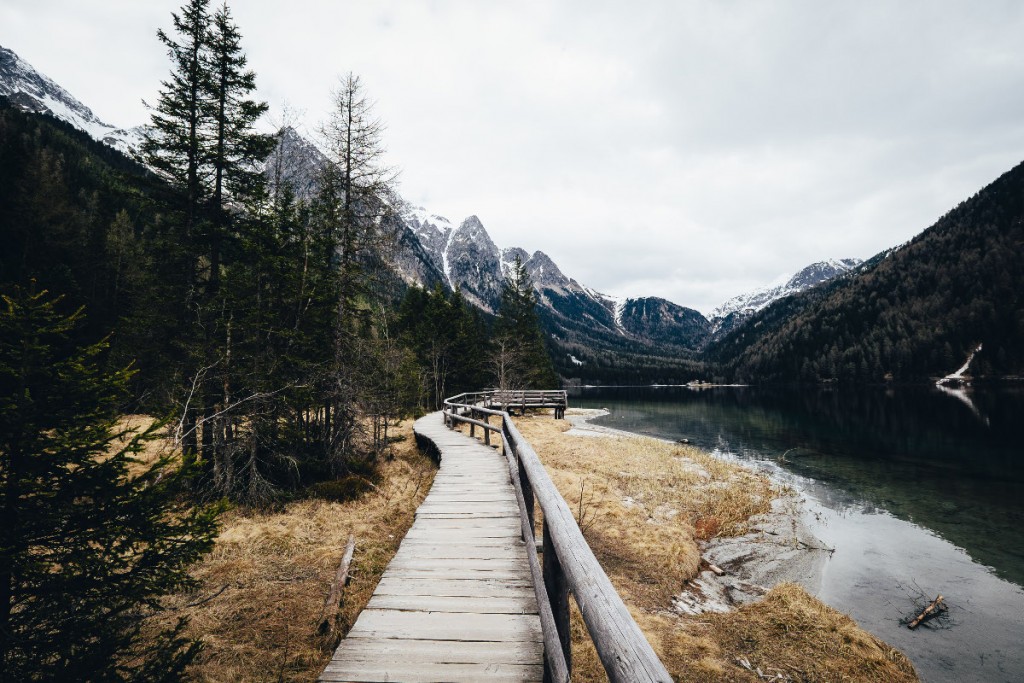 Boardwalk path along a river in the mountains