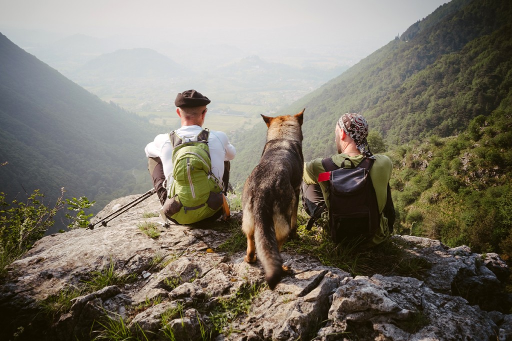 Two hikers and their dog sit on a cliff edge